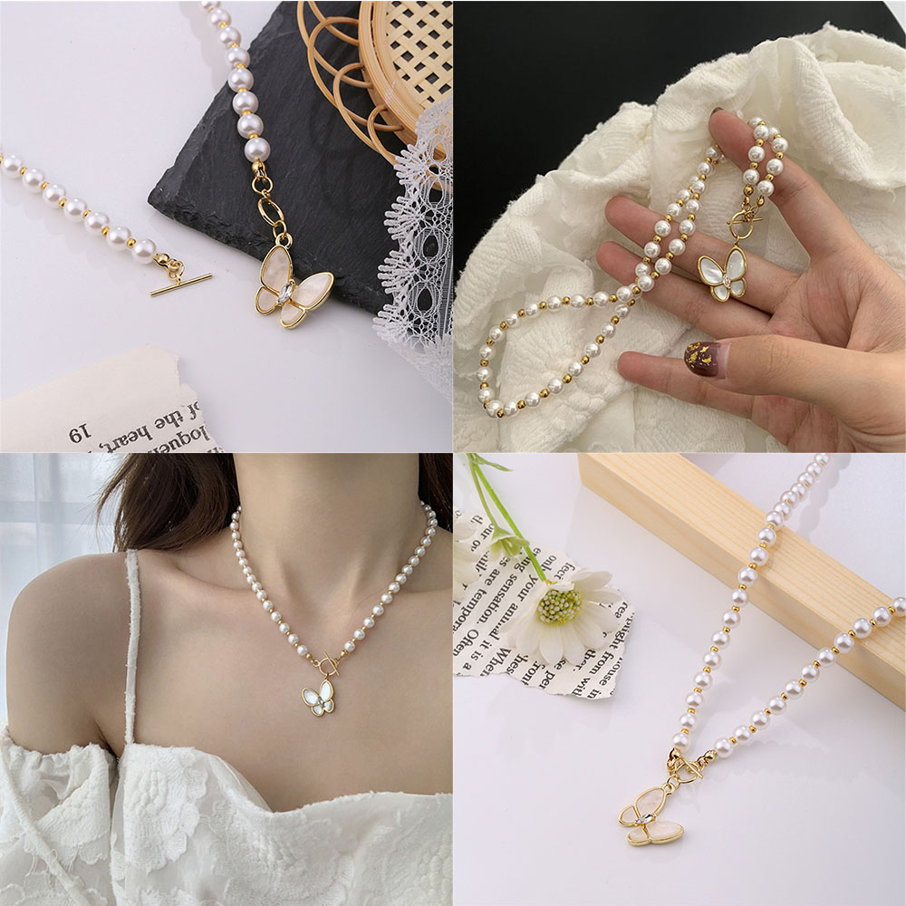 Vòng cổ mặt hình bướm đính ngọc trai thanh lịch thời trang