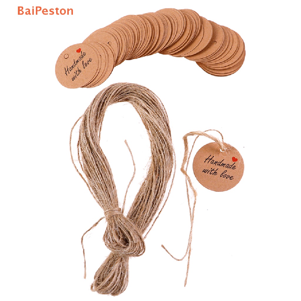 Set 100 Thẻ Giấy Kraft Trơn In Chữ Handmade with Love Kèm 20m Dây Treo