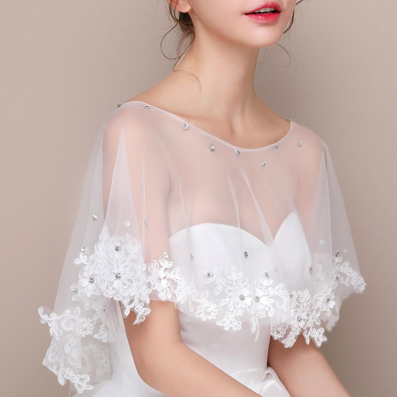 Áo Choàng Ren Hoa Gợn Sóng Đính Hạt Cườm Lấp Lánh Dành Cho Cô Dâu