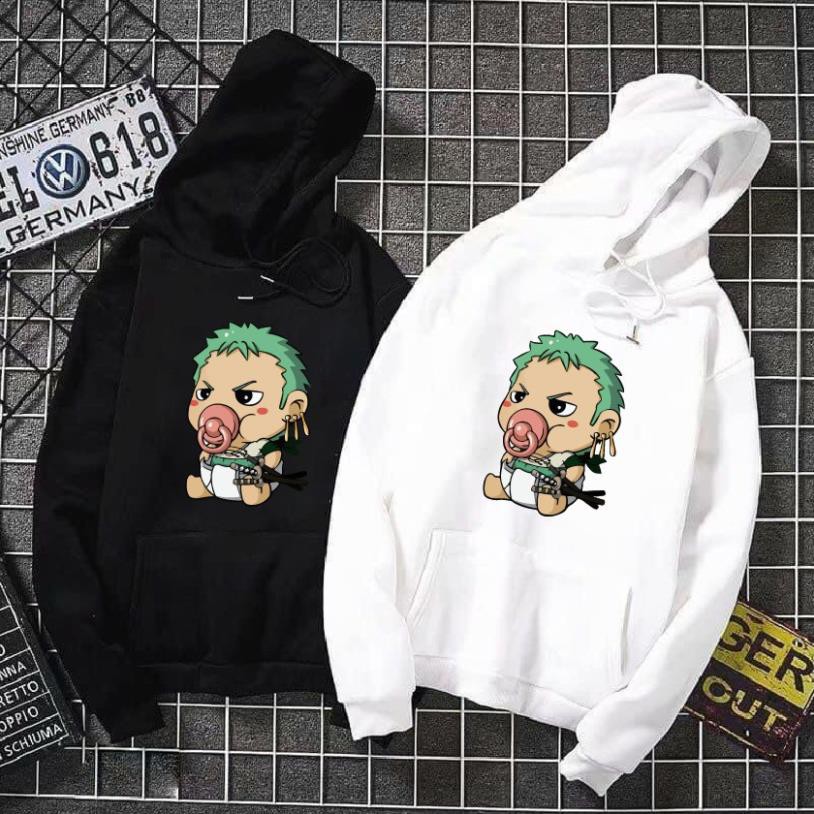 SALE- [Siêu ấm] Áo nỉ hoodie thu đông one piece zoro form suông rộng có mũ unisex, màu trắng, đen, xanh, ruốc hồng