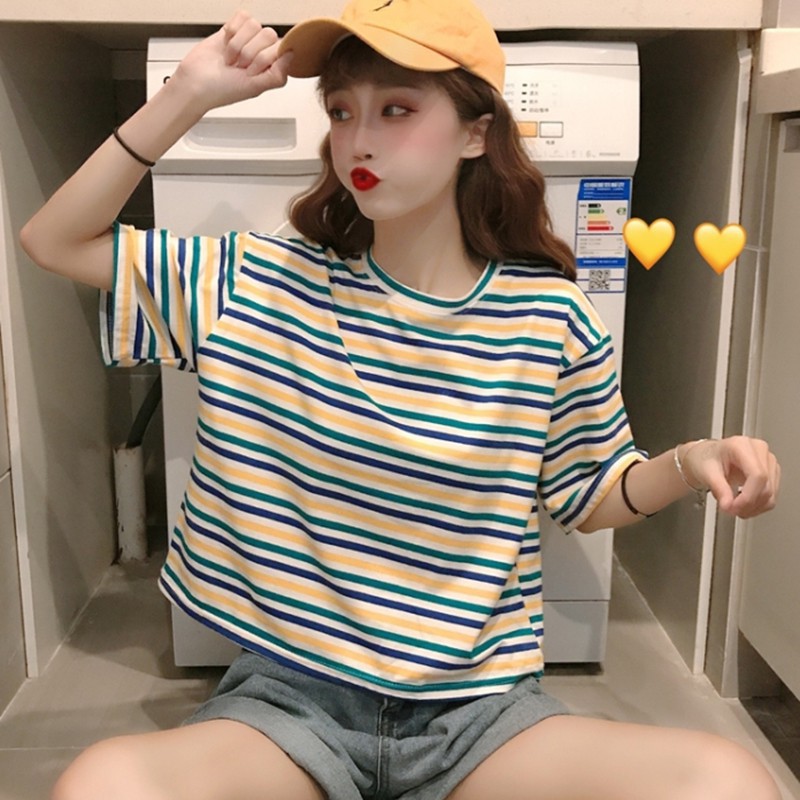 Áo Thun Lửng Tay Ngắn Kẻ Sọc Cầu Vồng Thời Trang Cho Nữ