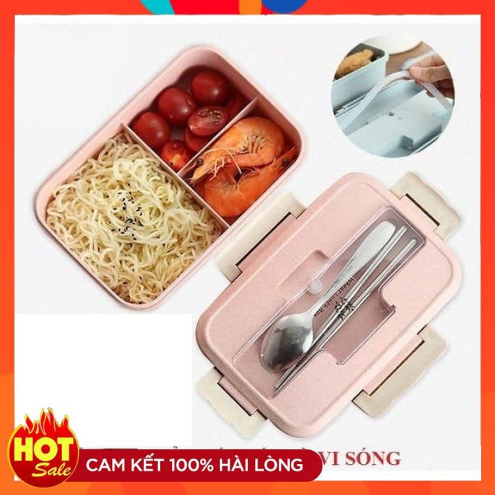 Hộp Đựng Cơm Lúa Mạch 3 Ngăn Tặng Kèm Đũa, Thìa Inox Có Quai Xách