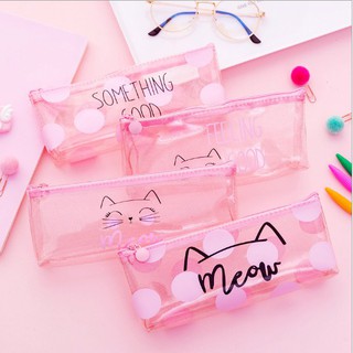 Bóp viết nhũ Meow trong suốt màu hồng (túi hộp đựng bút) - Banana Store