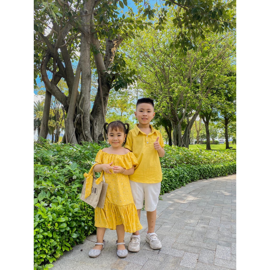 Set Gia Đình Vàng Tươi Hoa Nhí Xinh Lung Linh Fullsize 7-100kgs Chất Vải Đũi Cực Kỳ Mềm Mịn Thoáng Mát