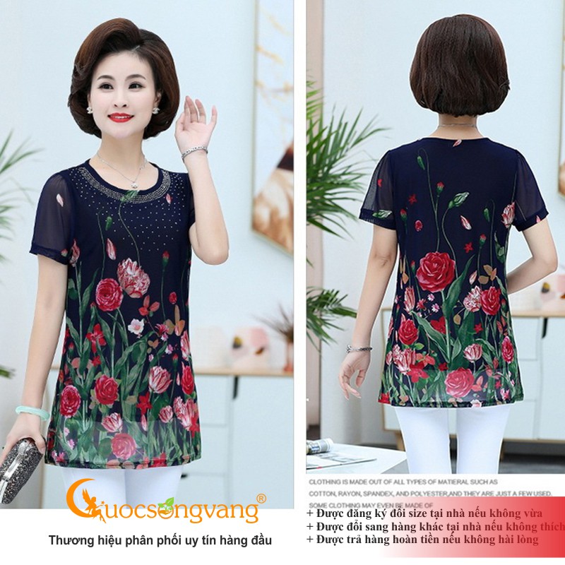 Áo kiểu trung niên big size in hoa áo nữ dáng dài đính cườm Queenbe GLA258 Cuocsongvang