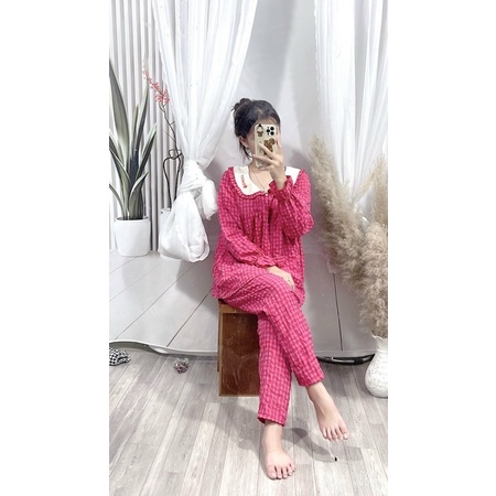 Bộ Bầu kẻ cổ thêu ,có túi tiện lợi ,tay bèo ,cổ sen siêu xinhcó khoá cho con ti tiện lợi freesize 43-68kg