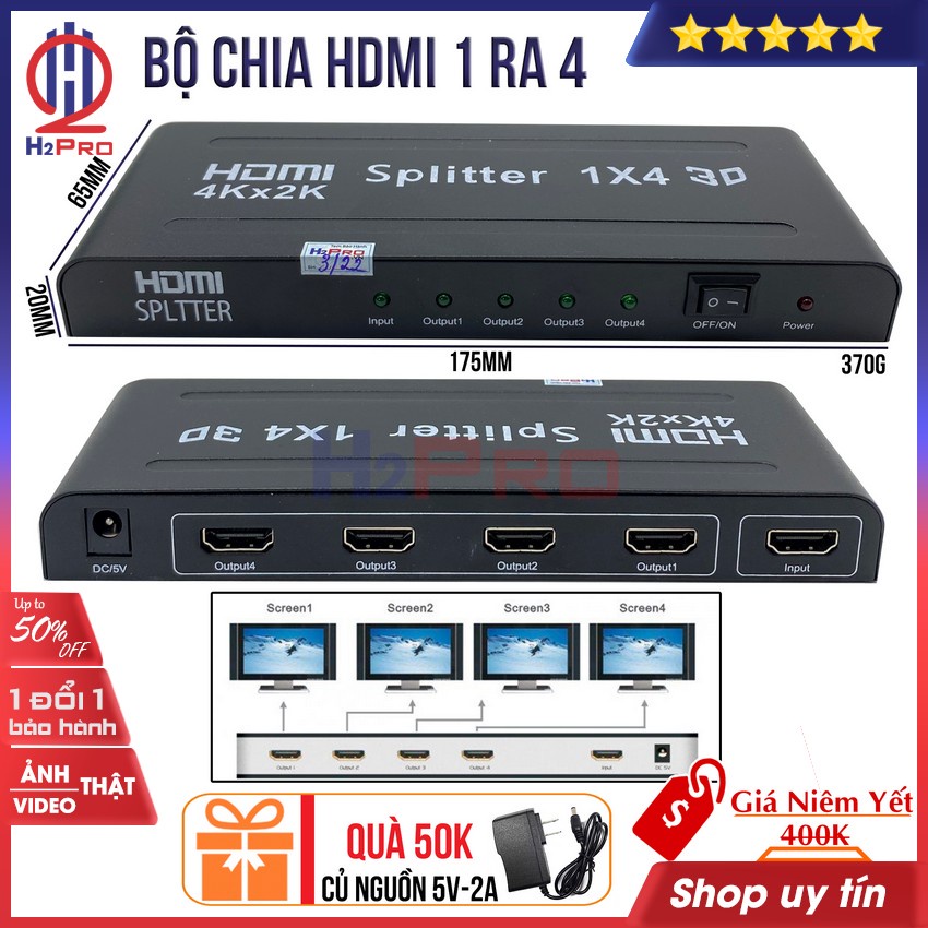 Bộ Chia HDMI Splitter 1 ra 4 H2pro cao cấp chuẩn 4K-3D-chất lượng cao chuẩn đầu vào, hàng hãng (tặng củ sạc 5V-2A 50k)