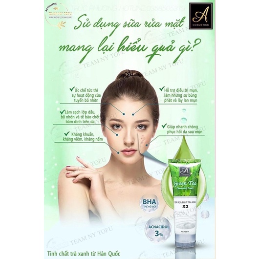 Sữa Rửa Mặt Trà Xanh X2 A Cosmetics , Sữa rửa mặt Green Tea X2, Sữa rửa mặt A Cosmetics Phương Anh