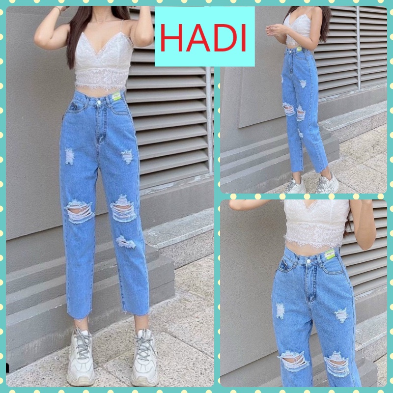 QUẦN BAGGY JEANS NỮ LƯNG CAO RÁCH CÀO ĐÙI LAI TUA XANH NHẠT ĐẬM PHỐI MẠC TRẮNG XANH CAO CẤP HADI