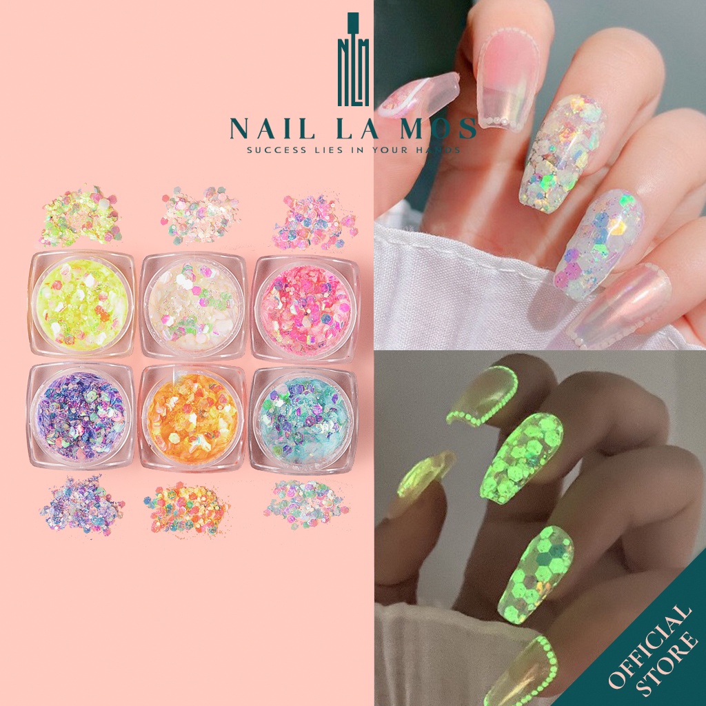 Set 6 hũ nhũ kim tuyến dạ quang đủ màu - nhũ nails phát sáng đắp ẩn gel phong cách Hàn Nhật