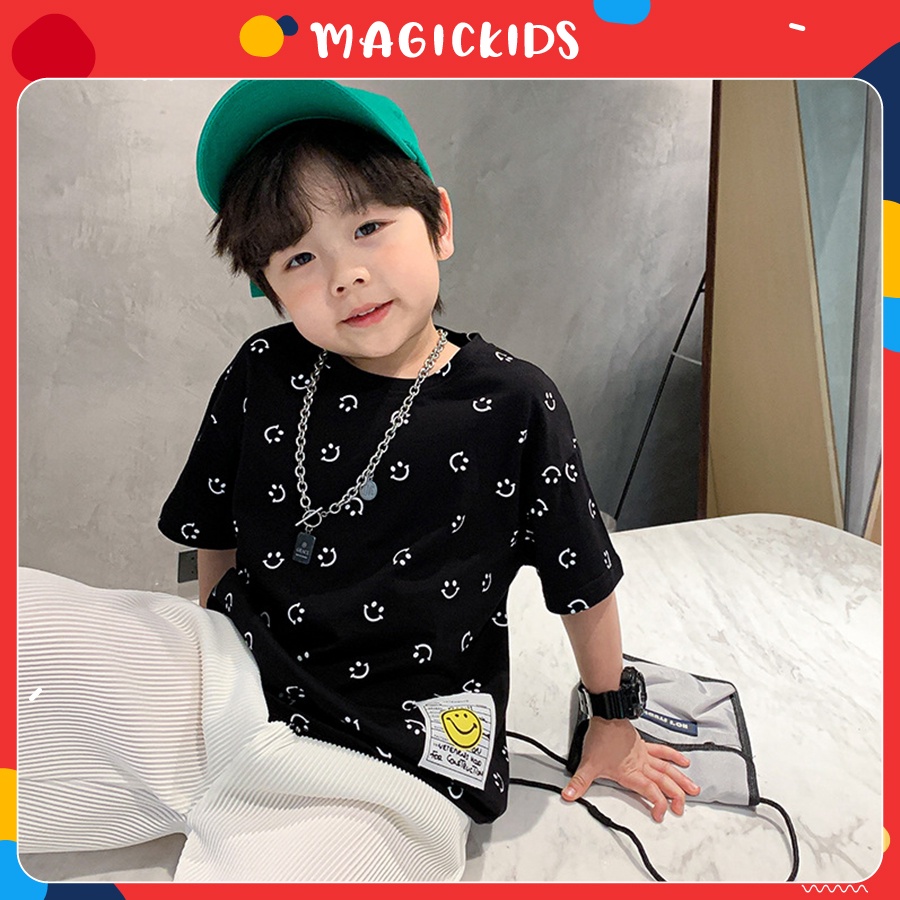 Áo thun bé trai Hàn Quốc ngắn tay cotton in hình mặt cười cá tính cho bé đi học đi chơi Magickids Quần áo trẻ em AO22033