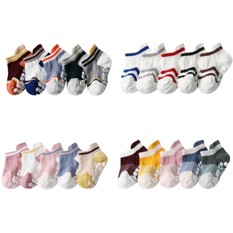 Bộ 5 Đôi Vớ Thuyền Chống Trượt Họa Tiết Kẻ Sọc Nhiều Màu Xinh Xắn Cho Bé