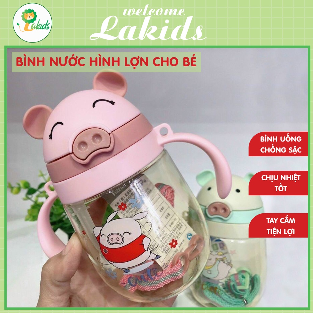 Bình nước cho bé hình heo siêu cute, bình tập uống nước cho bé có tay cầm tiện lợi 350ml - Lakids