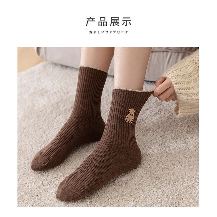 Vớ cotton Cao Vừa Thêu Họa Tiết Chú Gấu Dễ Thương Phong Cách Hàn Quốc Thời Trang Cho Nữ