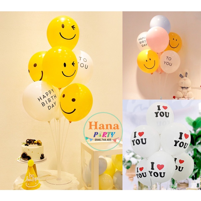 Bong bóng sinh nhật trắng in Happy Birthday To you, in I Love You, mặt cười vàng phụ kiện trang trí sinh nhật Hàn Quốc