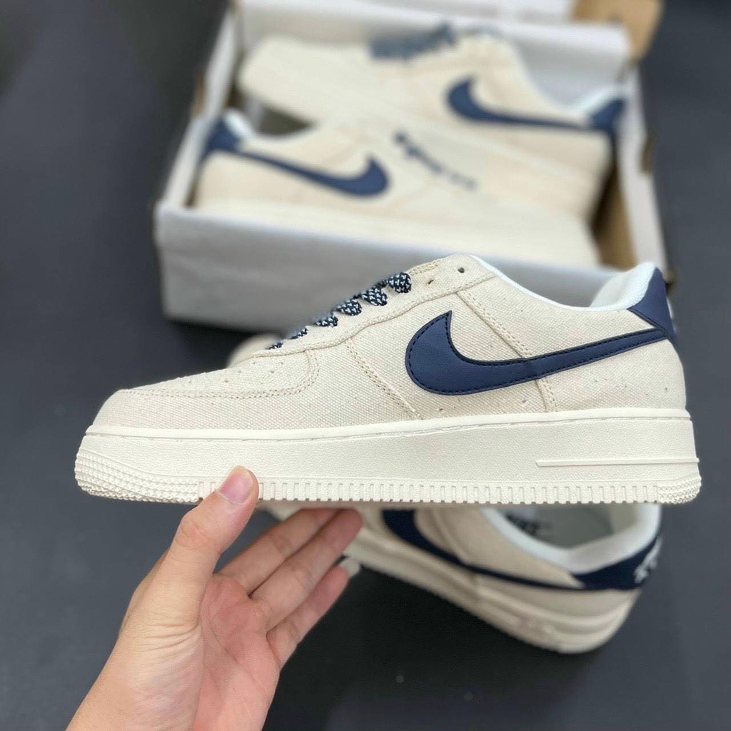 GIÀY AIR FORCE 1 CANVAS NAVY, AF1 Vải Kem Sữa Hót trend, Giầy thể thao AF1 kem vạch xanh than Full kiện