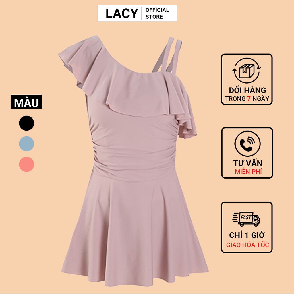 BIKINI LACY B120 - Đồ bơi áo tắm nữ liền thân 1 mảnh áo lệch vai chân váy xếp ly xòe che khuyết điểm bụng có đệm ngực