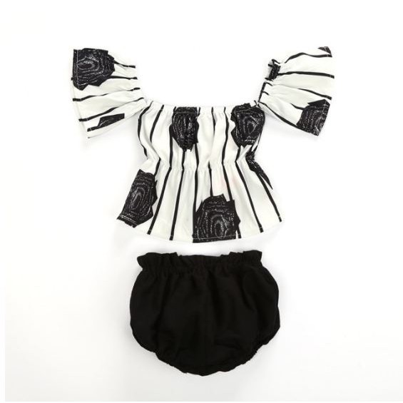 Set áo hoa trễ vai kèm quần cho bé