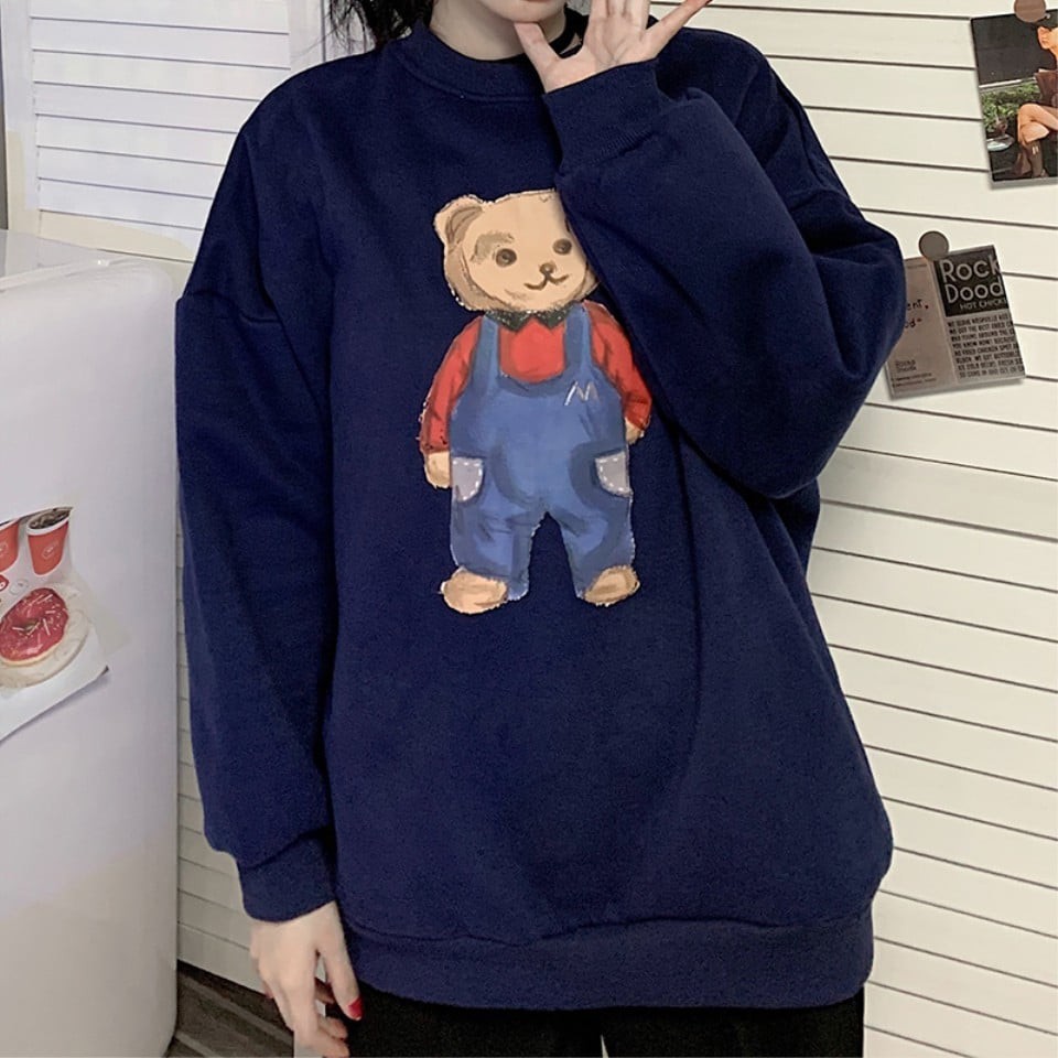 Áo thun tay dài form rộng, áo sweater Unisex -áo nỉ tay dài cổ tròn hình gấu | BigBuy360 - bigbuy360.vn