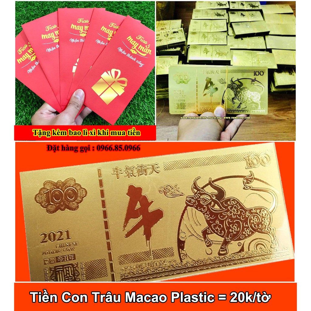 [Combo 2] Tiền lì xì tết 2021 Tân Sửu Tiền Con trâu Macao 100 Mạ Vàng Plastic 2021, kèm bao lì xì siêu kute