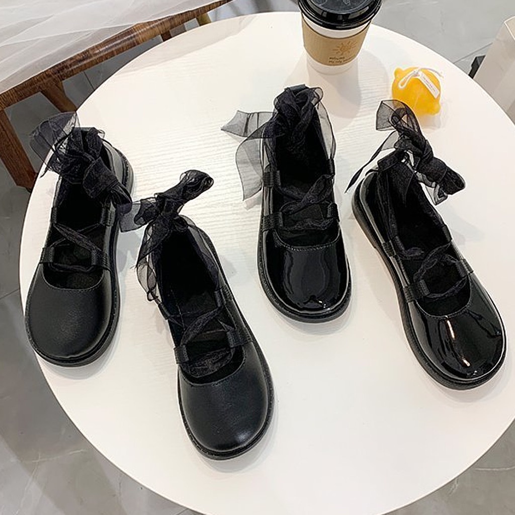 Giày Mary Jane Ulzzang Phong Cách Vintage, Giày Lolita Mũi Tròn Vải Voan Thắt Cổ Chân Đế Cao Su Hàn Quốc, Iclasy_shoes