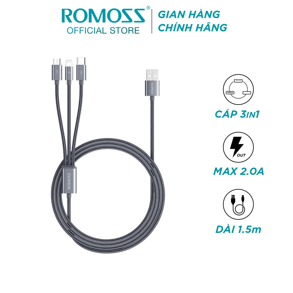 Cáp sạc nhanh Romoss CB25A 3in1 USB to Lightning / Type C / Micro USB dài 1.5m