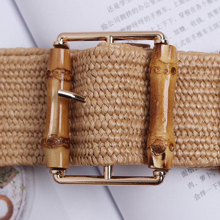 OFF WHITE Thắt Lưng Dệt Kim Tre Co Giãn Thương Hiệu Thời Trang Bohemian Dệt Kim Khóa Cài Màu Trắng Chất Lượng Cao Cho Nữ