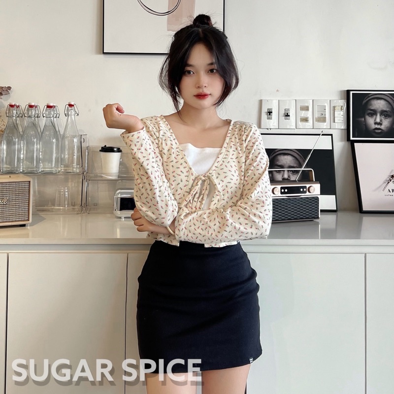 Áo Cardigan Tay Dài Cột Nơ Hoạ Tiết Hoa Nhí (CHỈ ÁO NGOÀI) SUGARSPICE - Candy Cardi