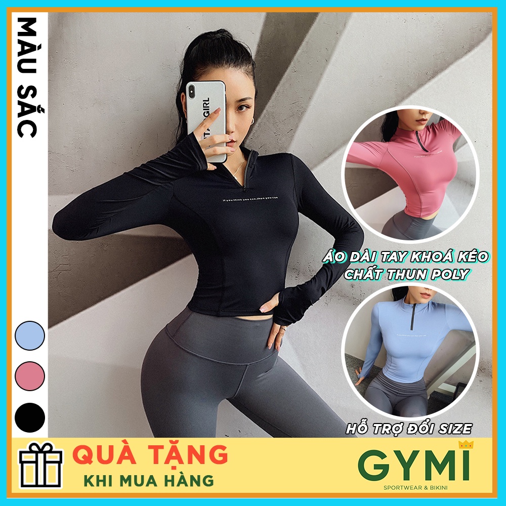 Áo tập gym yoga nữ dài tay GYMI AD14 dáng croptop thể thao chất vải thun poly lạnh co giãn phom ôm body