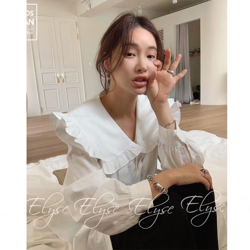 Áo sơ mi trắng nữ cổ bèo tay phồng dáng rộng siêu xinh