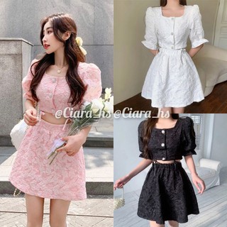 [Có Ảnh Thật - Order Hàng Loại 1] (K7) Set váy xòe áo kiểu croptop thắt nơ Tiểu thư sang chảnh vải dập nổi loại đẹp.