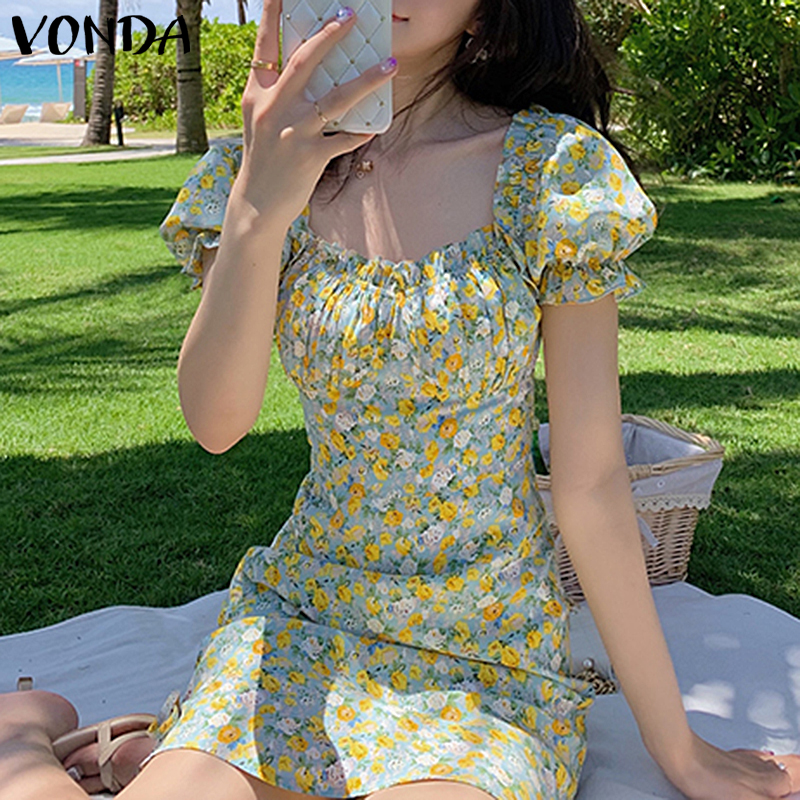 VONDA Đầm Tay Ngắn Cổ Vuông Hoạ Tiết Hoa Phong Cách Hàn Quốc | BigBuy360 - bigbuy360.vn