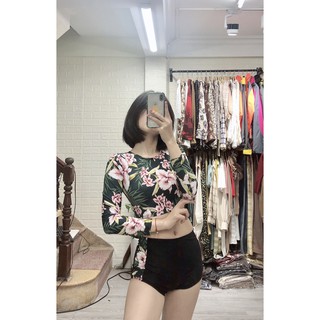 Bộ bơi bikini dài tay họa tiêt hoa lá nổi bật kín đáo chống nắng mặc đi biển đi bơi ( Hàng loại 1)