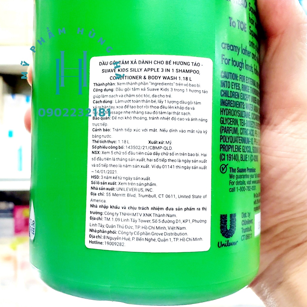 Dầu tắm gội trẻ em, dầu tắm gội dành cho bé Suave Kids, hương táo, dịu da cho bé, không kích ứng 1180ml