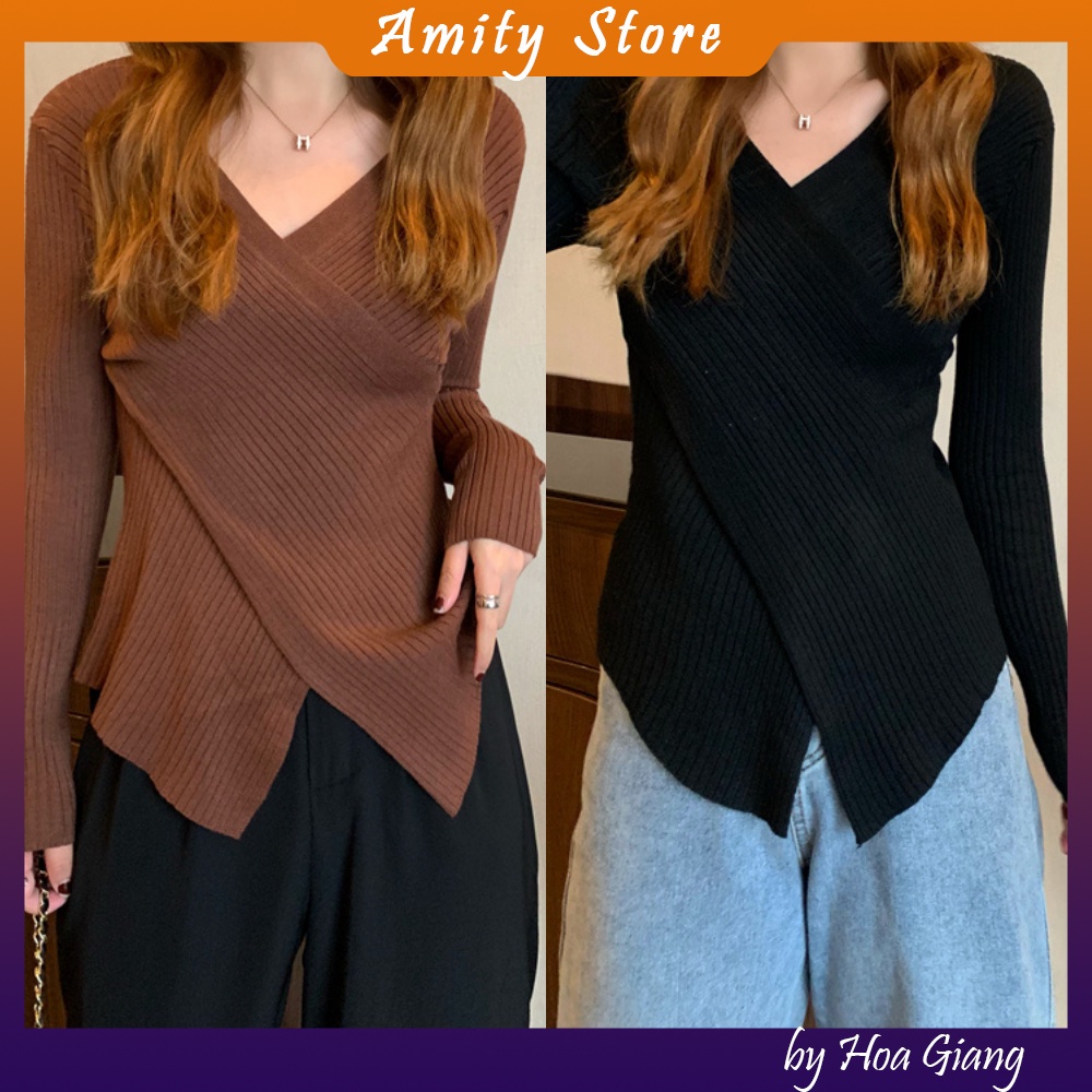 [Áo len nữ cổ V vạt chéo] Áo len dệt kim nữ dáng ôm hàng quảng châu