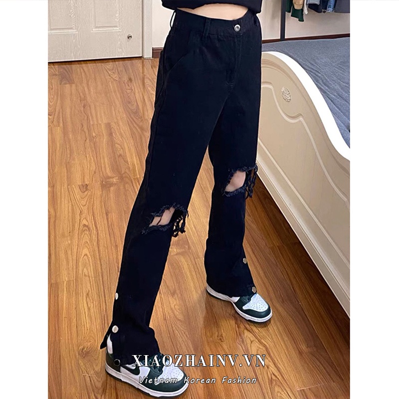 Xiaozhainv Quần Jean Ống Suông Xẻ Tà Thời Trang Retro Hàn Quốc Dành Cho Nữ