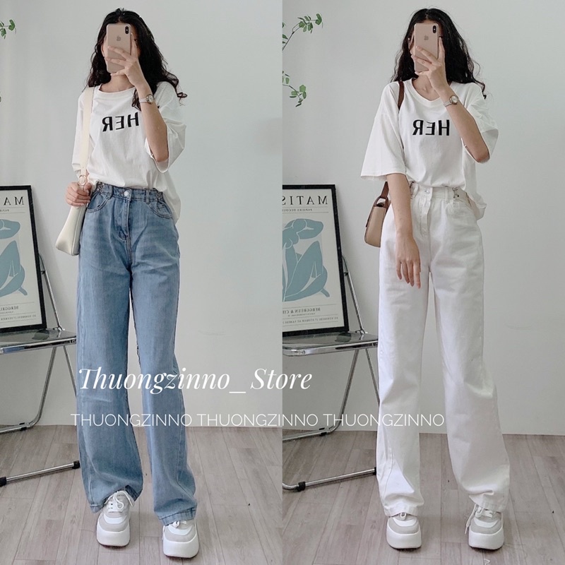 QUẦN JEAN ỐNG SUÔNG NẸP GÀI EO Phong cách Hàn Quốc trẻ trung