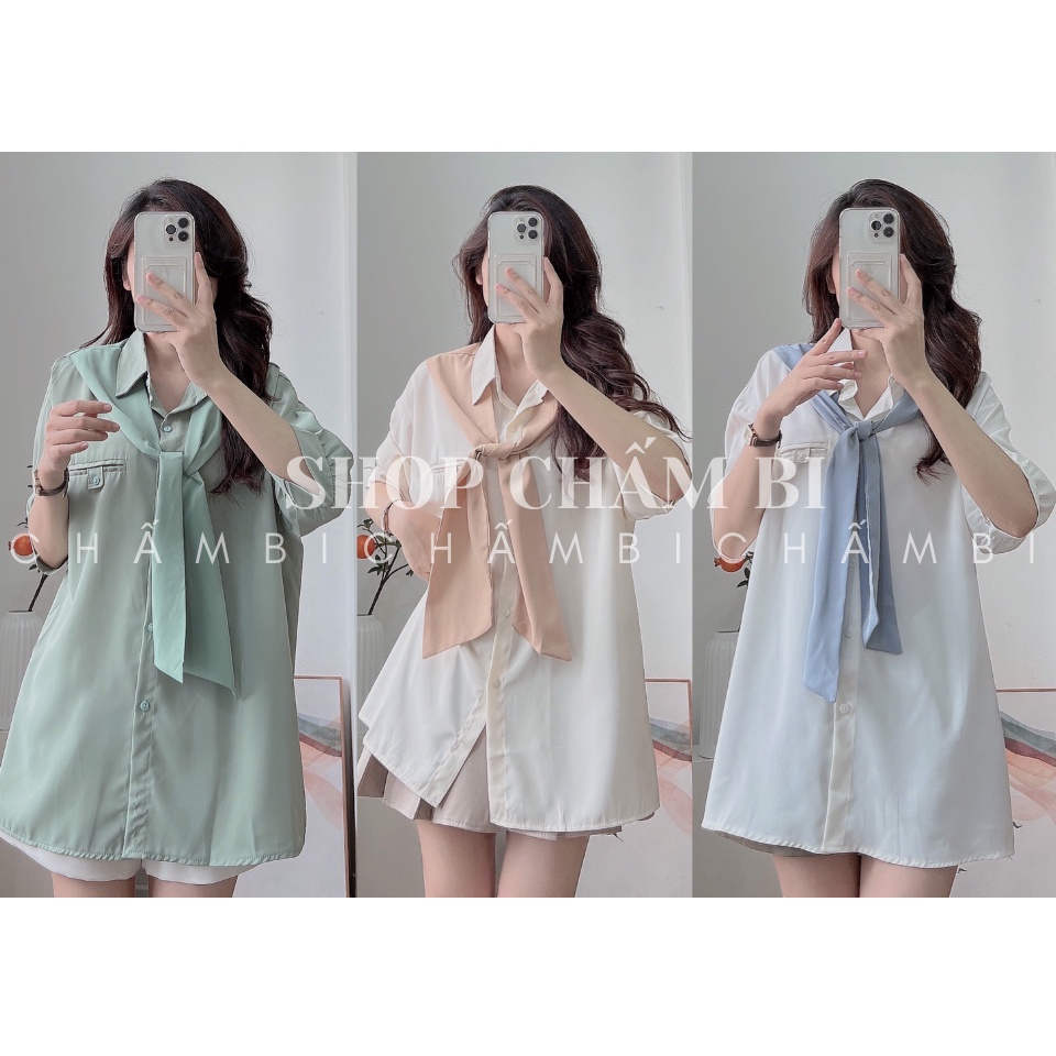 Áo sơ mi nữ liền khăn A.333, Áo kiểu cộc tay buộc khăn vải mềm phong cách hàn quốc đơn giản - Chấm Bi Shop