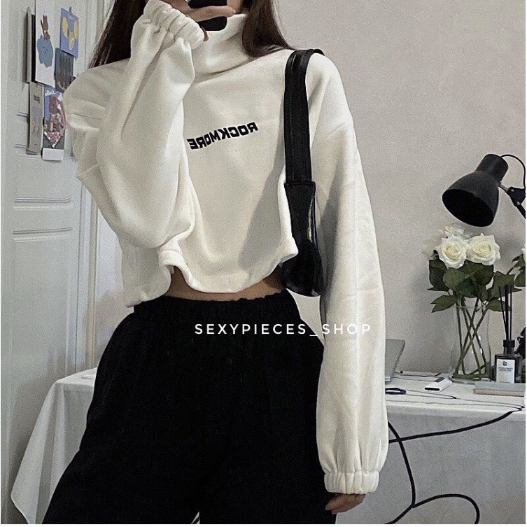 Áo Sweater Croptop Nữ Chất Nỉ Rút Eo Bo Tay In Chữ Ngực Siêu Xinh