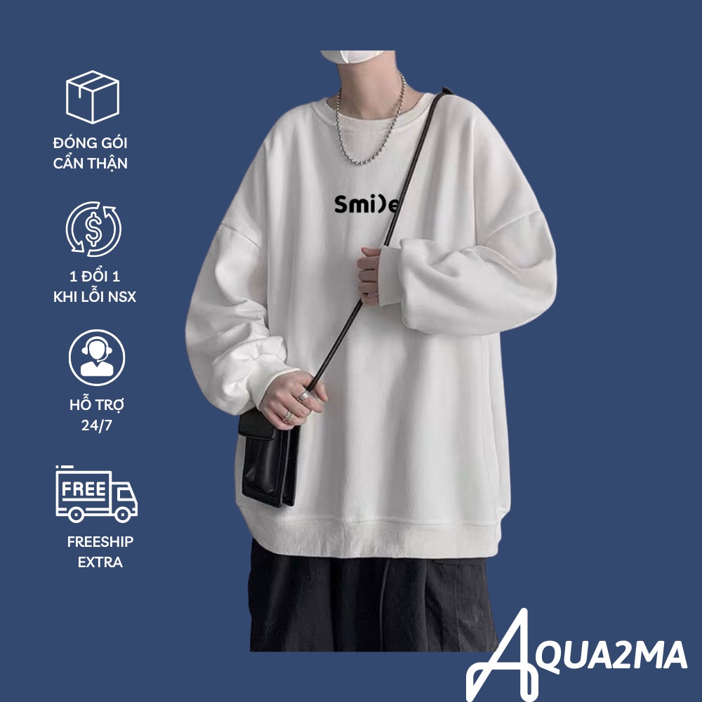 Áo nỉ Aqua2ma Aó Sweater Nỉ Ngoại Smile -SW06 ulzzang Freesize dưới 65kg