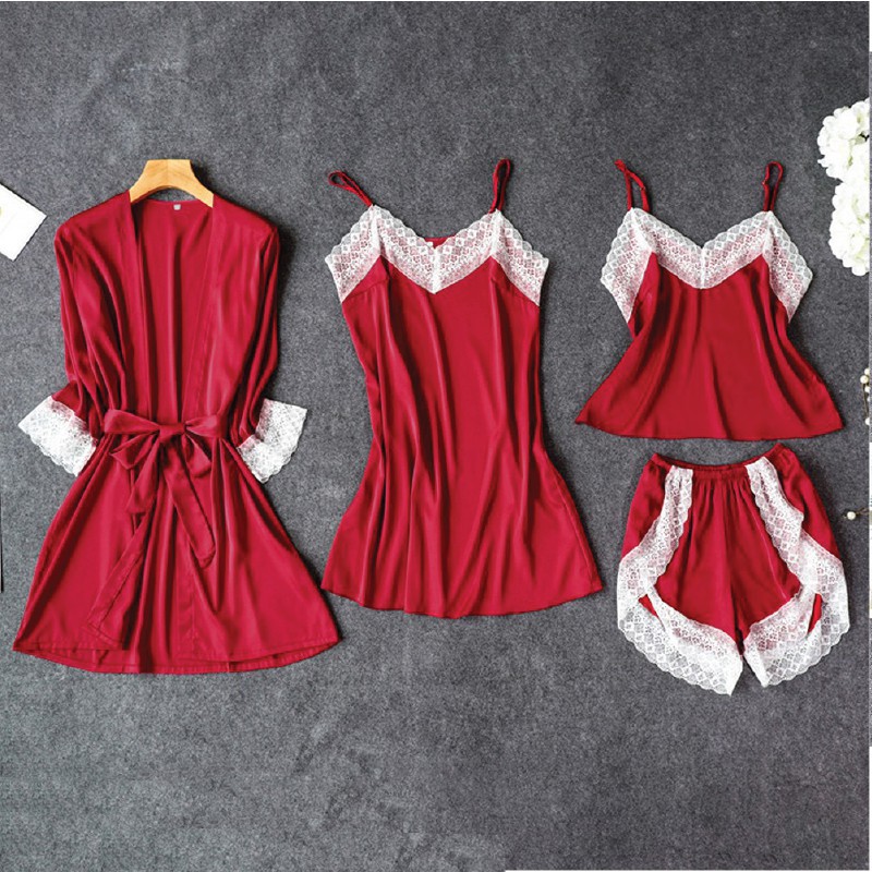 Set Áo Khoác 3 Món Gồm Áo Khoác Đầm Ngủ Đồ Bộ Lụa Satin Cao Cấp AAK-29AD-29AS-29