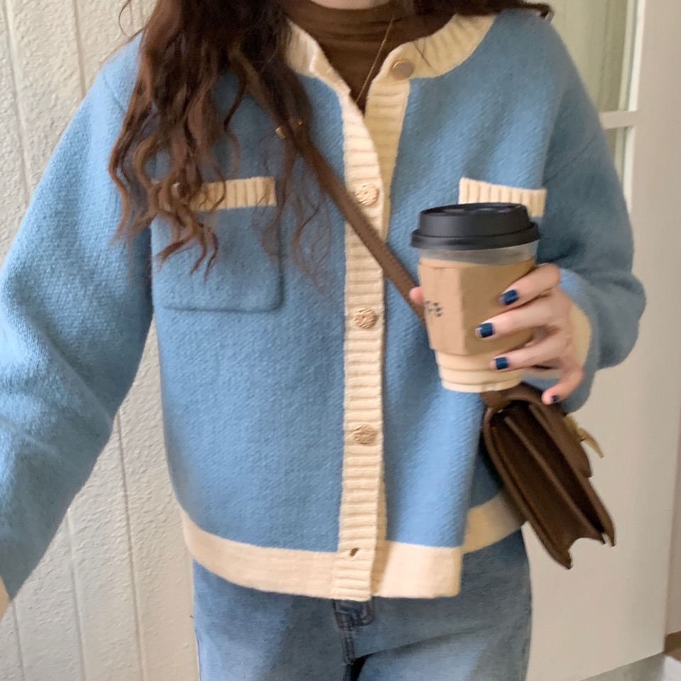 Áo khoác sweater mềm mại phối màu phong cách Pháp thời trang cho nữ