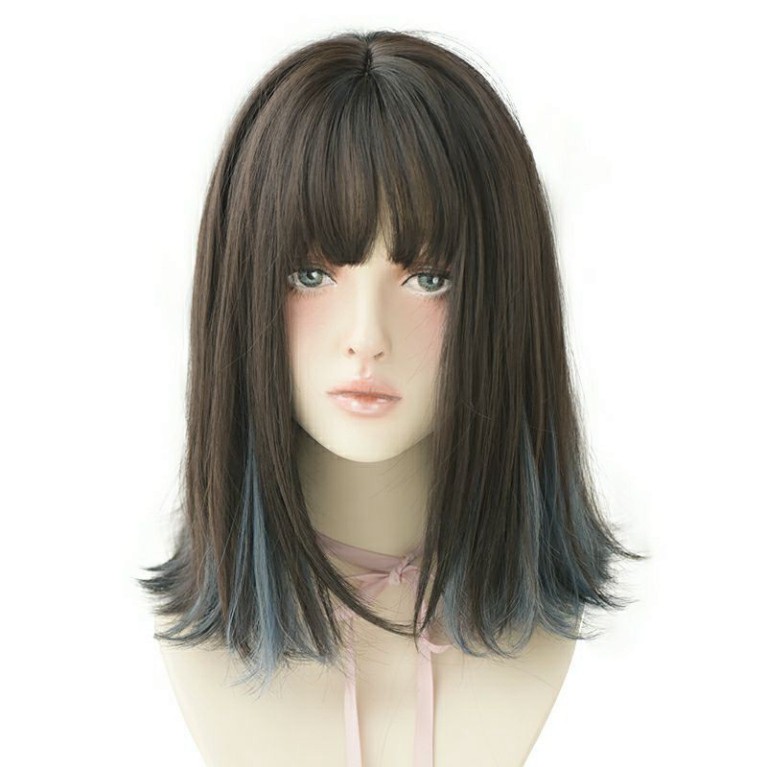 [Sẵn] Wig teen/lolita/cosplay M05 nâu pha xanh khói hai lớp (tóc giả nguyên đầu cúp ngang vai) tại MIU SHOP 01