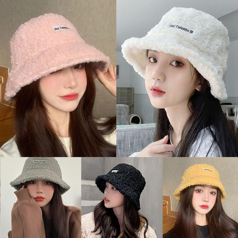 Nón Bucket  lớn in chữ phong cách Hàn Vải Lông Cừu Ấm Áp Thời Trang Thu Đông Hàn Quốc Cho Nữ