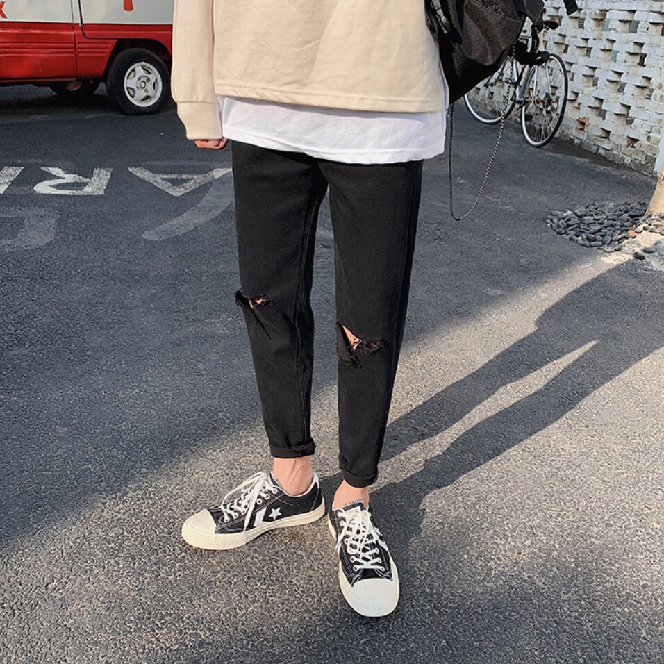 [FreeShip + Xả Khỏ] Quần Jean Nam Đen Rách Gối Vải Co Giãn, Không Phai Màu Dáng Skinny Trẻ Trung Năng Động - J04 | BigBuy360 - bigbuy360.vn