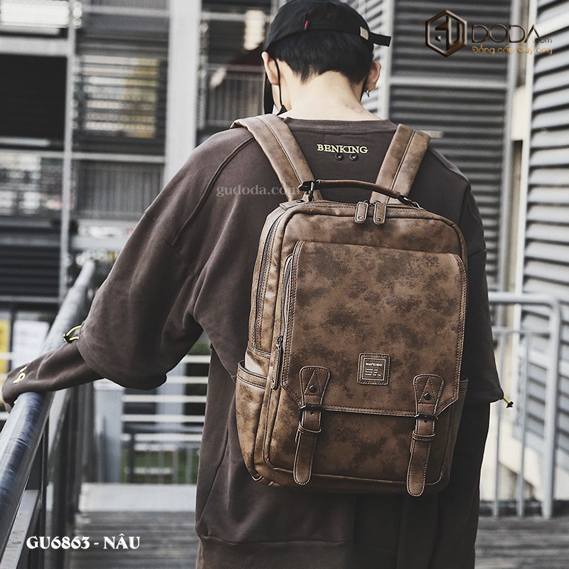 12.15Balo Da Nam - Balo Hàn Quốc GU6863 🔥 Màu Nâu Cá Tính Chất Da Dày Dặn Chống Nước