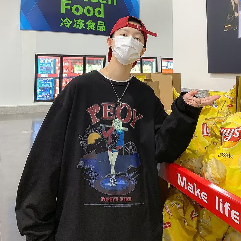 Áo Thun Tay Dài Dáng Rộng In Họa Tiết Hoạt Hình Phong Cách Hàn Quốc Thời Trang Cho Nam Và Nữ size M-5XL