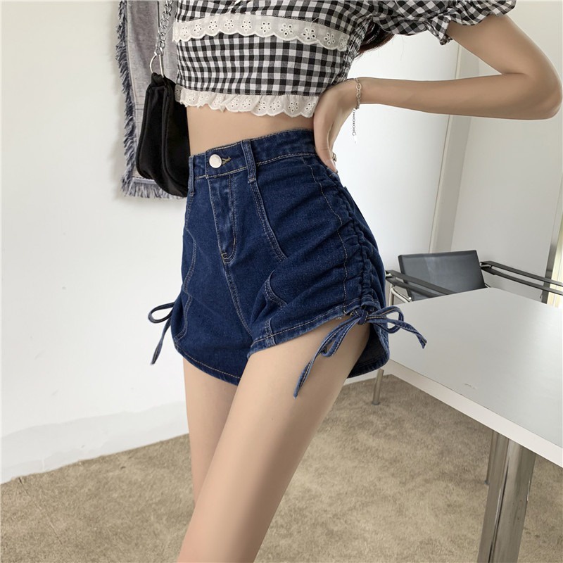 Quần short jeans SUXI lưng cao thiết kế dây rút phong cách Hàn Quốc cho nữ