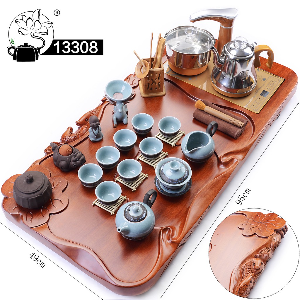 【GỖ HƯƠNG】Bàn trà điện thông minh bàn gỗ mặt đá ấm chén gốm sứ tử sa để phòng khách - Mã : 13301-19