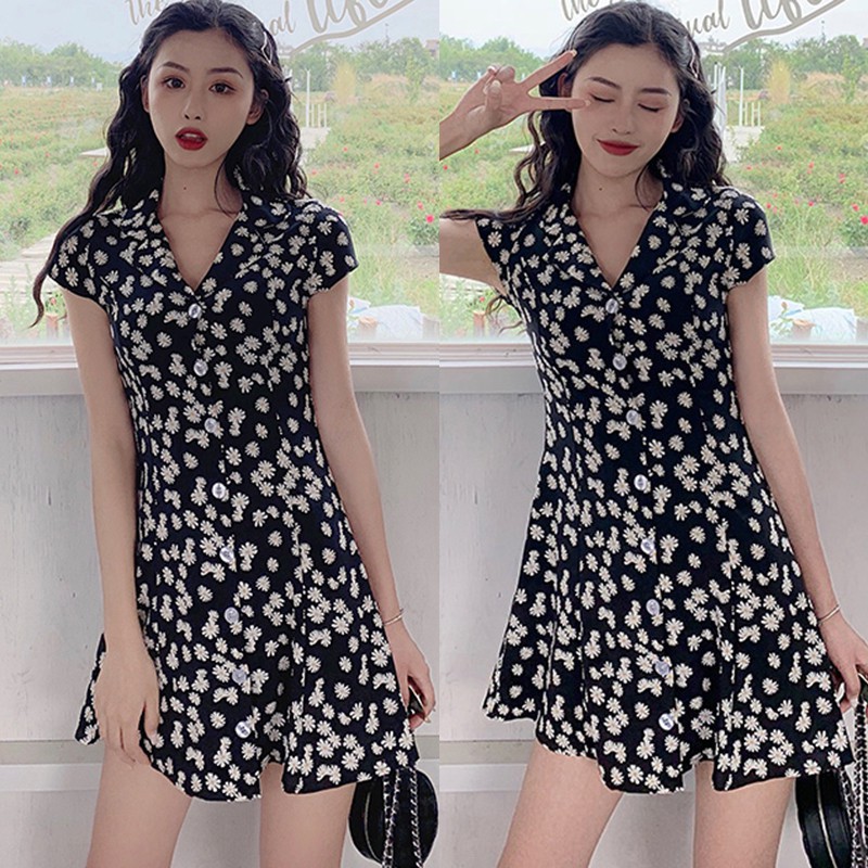 Đầm hoa dáng chữ A cổ V chiết eo kiểu Hàn Quốc xinh xắn cho nữ | BigBuy360 - bigbuy360.vn